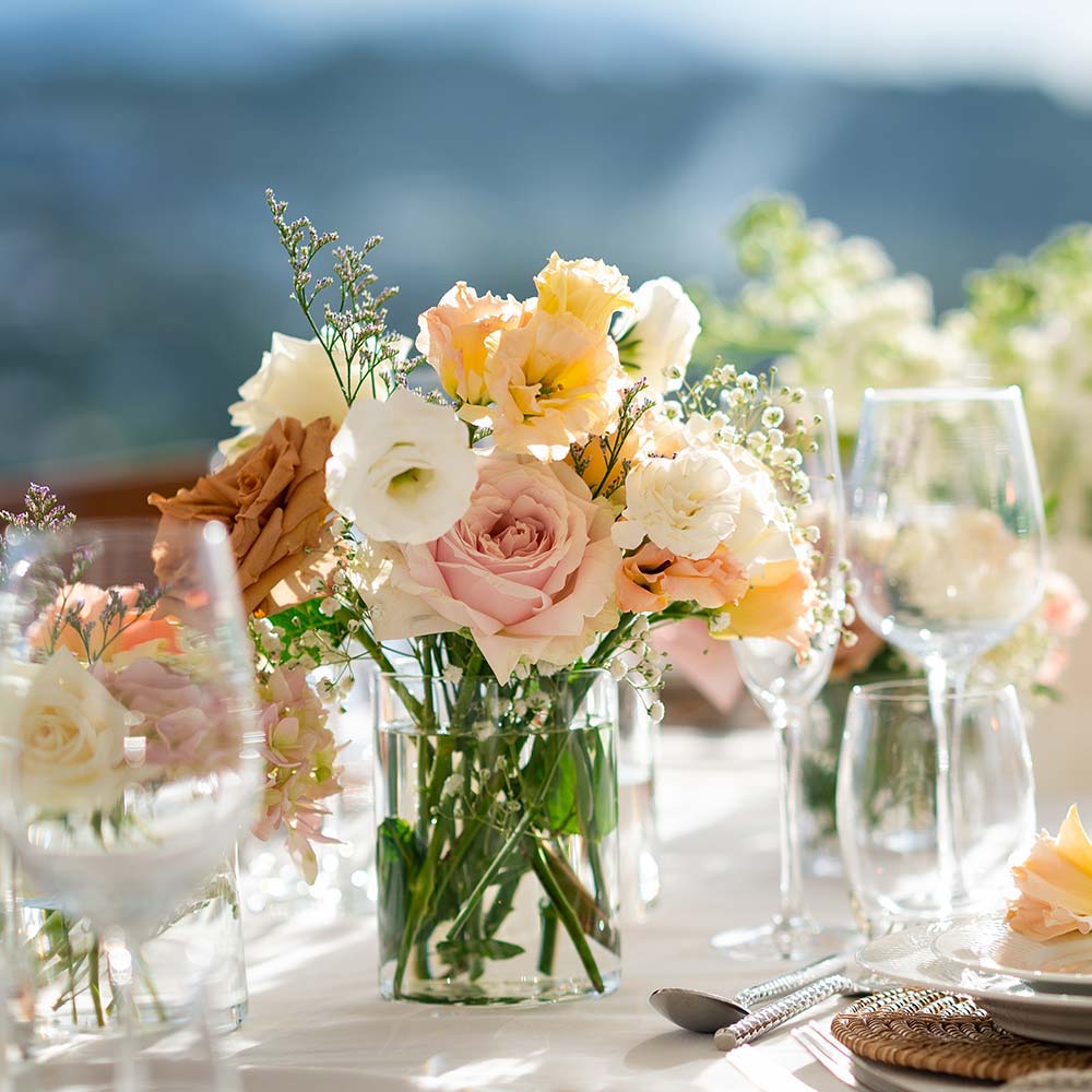 Bouquet and wedding decoration on a table